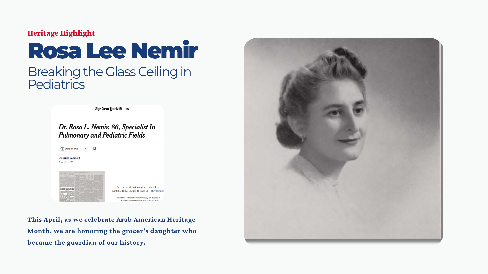 Arab American Heritage Month Series: The Legacy of Dr. Rosa Lee Nemir, Breaking the Glass Ceiling in Pediatrics